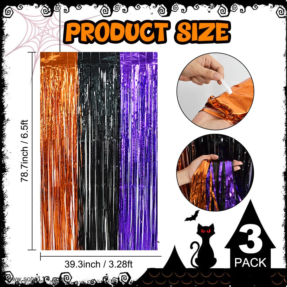 BEISHIDA 3 Pack Tinsel Curtain Party Streamers - Halloween Door Decor, Foil Fringe Backdrop for Parties (3.28ft x 6.56ft) | Orange, Black, Purple | Perfect for Halloween, Birthday, Wedding & Photo Booth Backgrounds