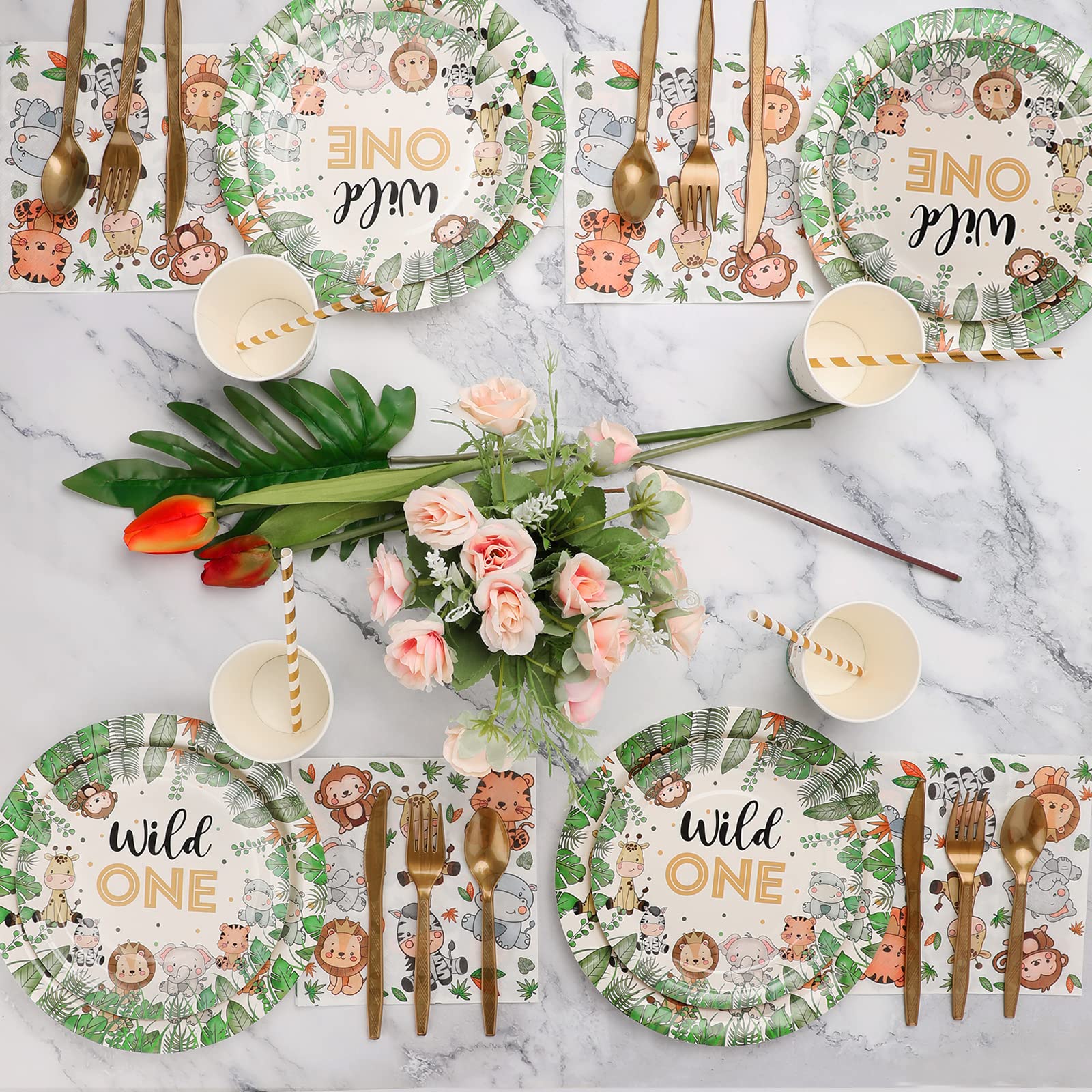 240-Piece Wild One 1st Birthday Party Decorations Set - Jungle Theme Tableware for 30 Guests Including Plates, Cups, Napkins & Straws (30-Pack) - Perfect for Baby's First Birthday, Safari Themed Parties & Animal Print Celebrations