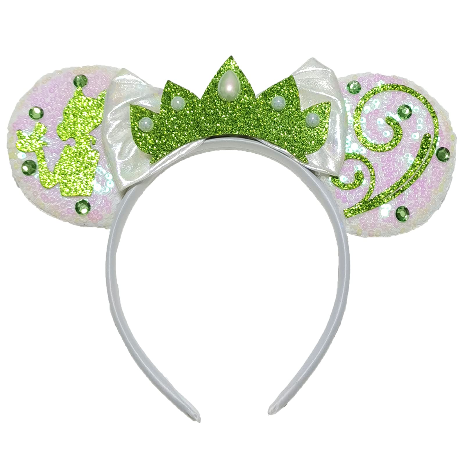 Sparkly Bow Ear Headbands for Women - Glitter Princess Tiana Crown Mouse Ears Headband for Adults | Perfect for Disney Costumes, Cosplay, and Theme Parties
