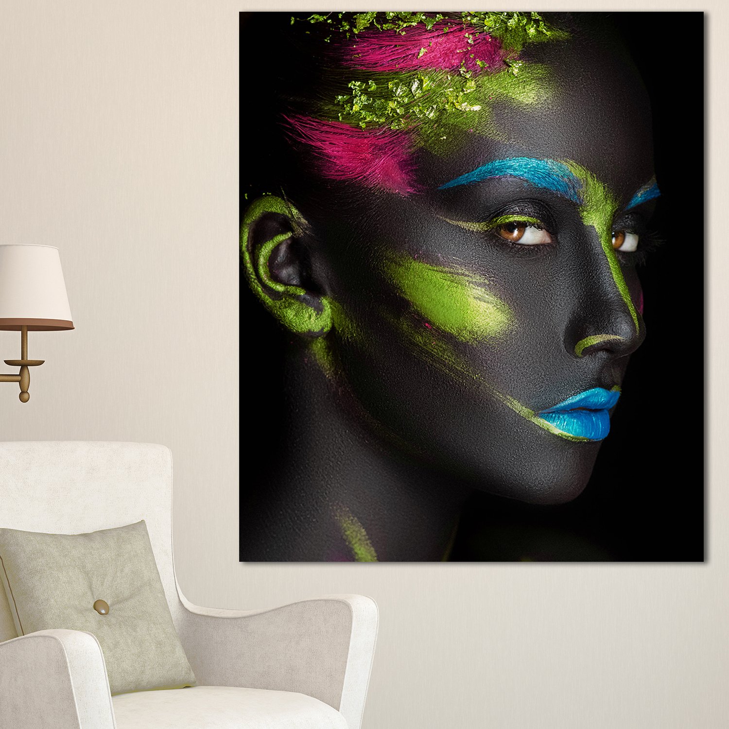 Designart PT8951-30-40 Dark-Skinned Girl Portrait with Makeup - Digital Art Canvas Print 30x40 Inches - Modern Gray Wall Decor for Living Room, Bedroom & Office
