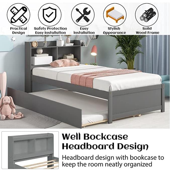 Harper & Bright Designs Twin Bed with Trundle - Solid Wood Platform Bed Frame with Bookcase Headboard for Teens, No Box Spring Needed - Perfect for Small Bedrooms, Guest Rooms & Kids' Rooms (Grey)