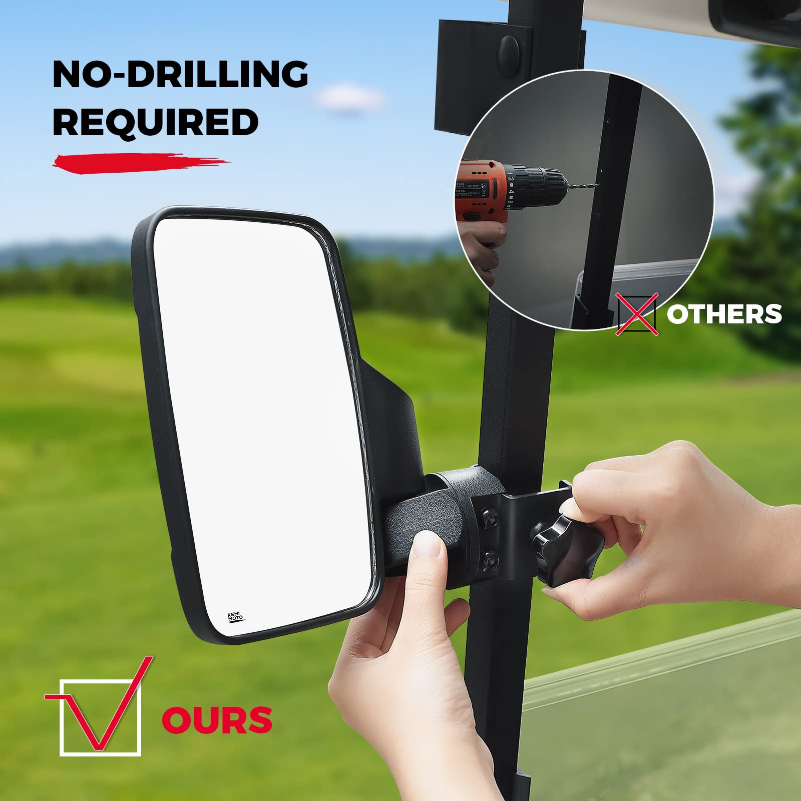 Kemimoto Universal Golf Cart Side Mirrors - No Drilling Required, Fits 1.0