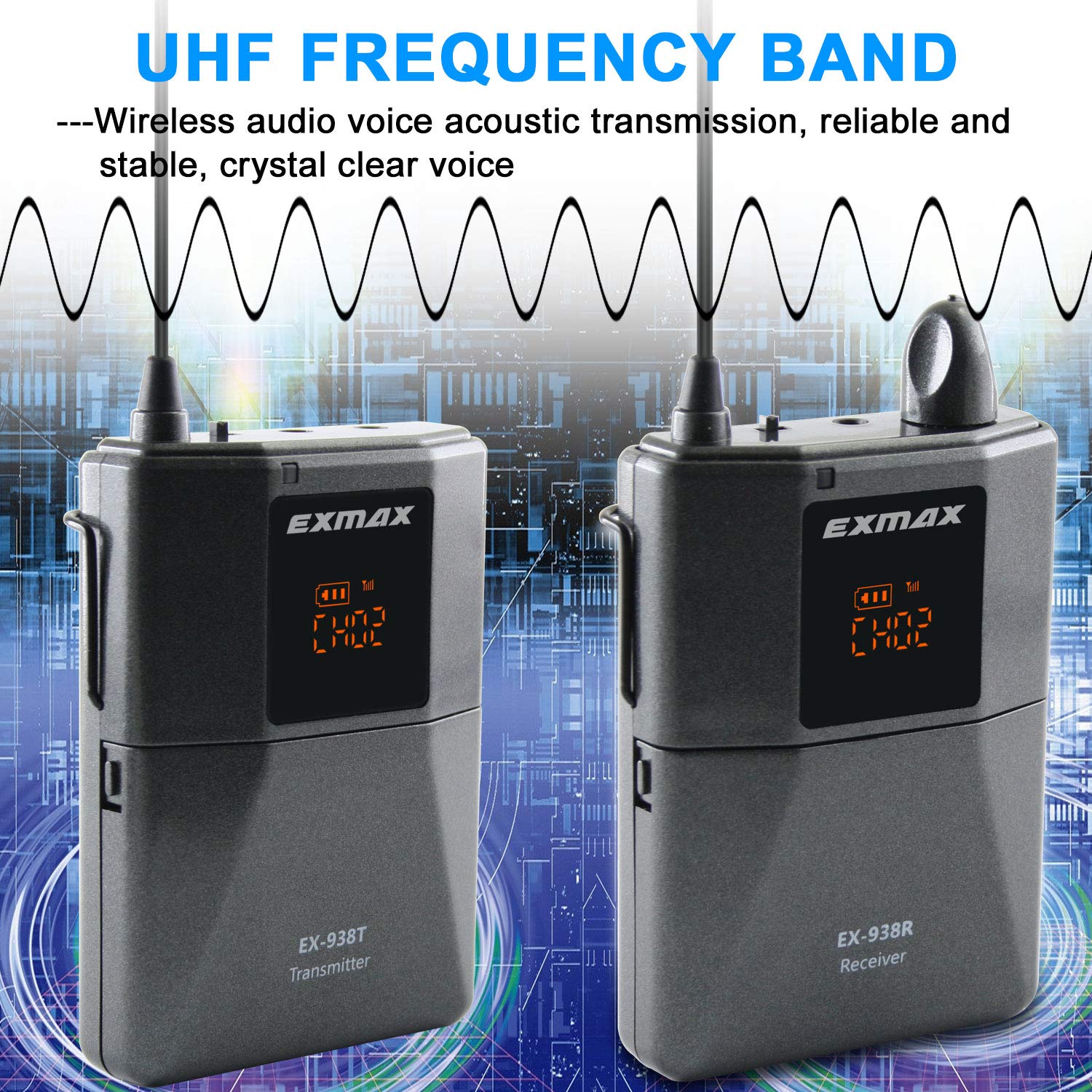 EXMAX UHF-938 Wireless Headset Microphone System - UHF Acoustic Transmission for Church Worship, Tour Guide, Translation Teaching & Travel (1 Transmitter + 2 Receivers) | Perfect for Simultaneous Interpretation, Public Speaking & Outdoor Events