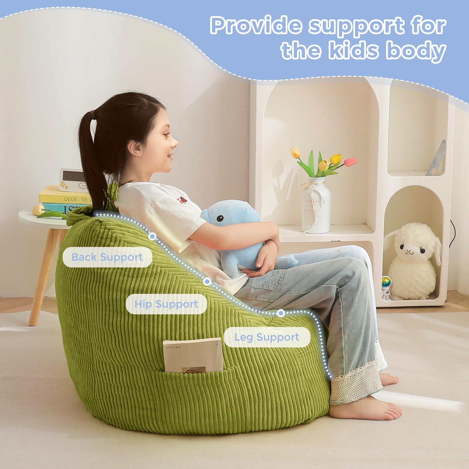 MAXYOYO Kids Bean Bag Chair - Corduroy Bean Bag Couch with Handle & Pocket for Gaming, Reading & Relaxing (Green) - Perfect for Bedrooms, Playrooms & Dorm Rooms