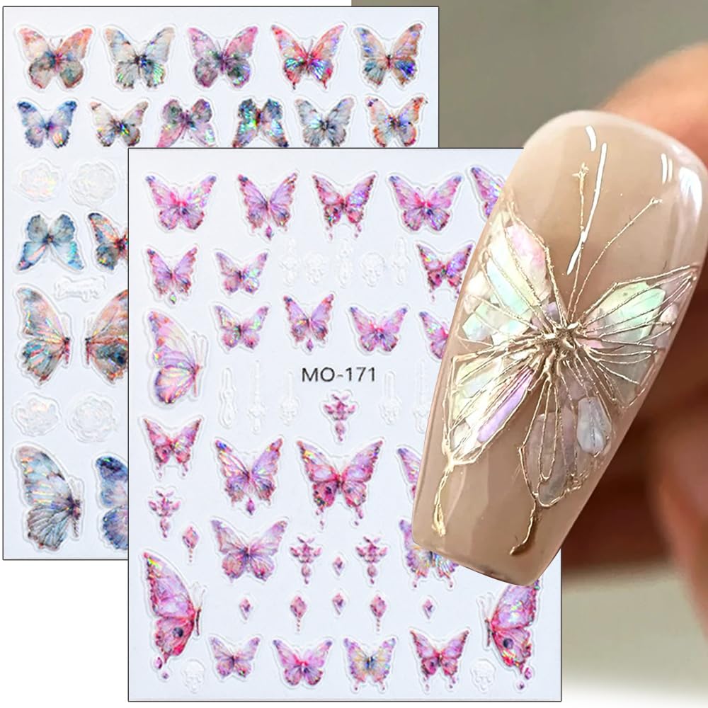 5D Aurora Butterfly Nail Stickers for Women - Cartoon Embossed Nail Art Decals with Rose Flowers | Perfect for DIY Nail Designs, Manicures, and Professional Nail Art Supplies | Great for Parties, Weddings, and Special Occasions