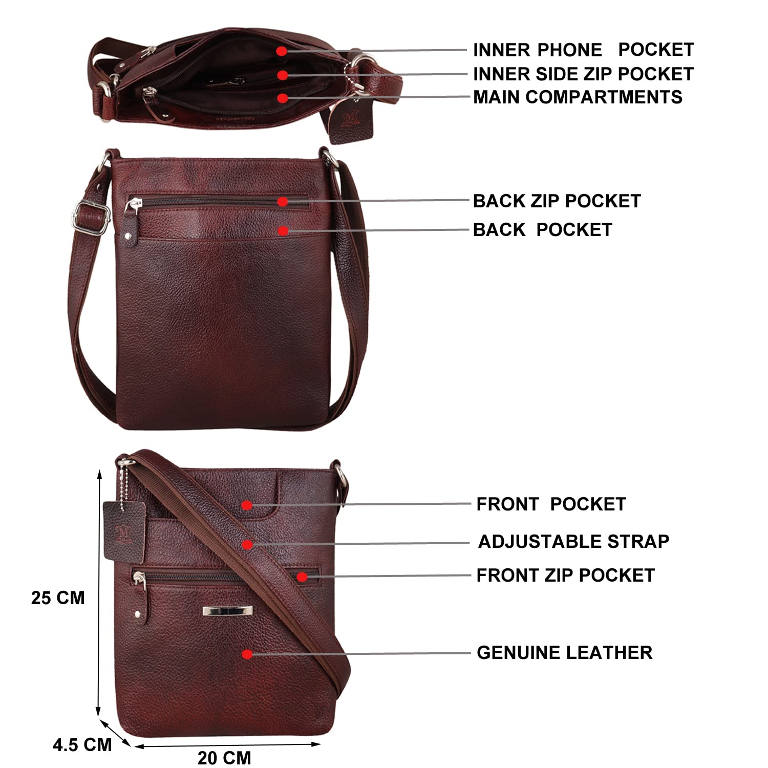 mtuggar Genuine Leather Sling Messenger Bag - Unisex Crossbody Bag with Adjustable Strap for Travel, Work & Daily Use | Multipurpose Utility Shoulder Bag in Brown