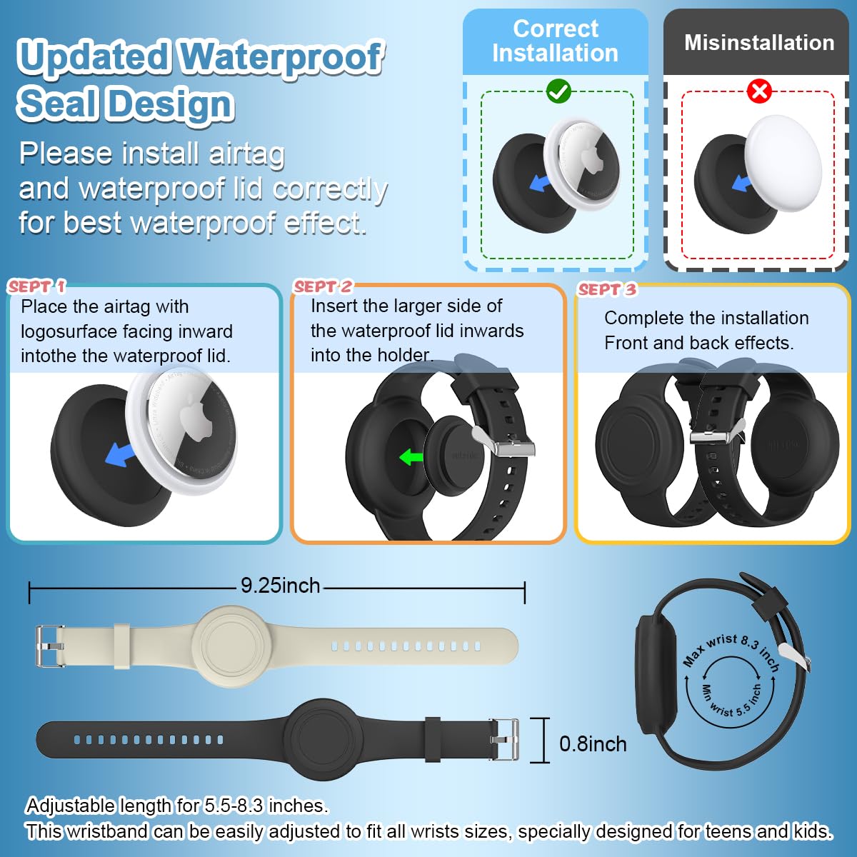 2-Pack Waterproof AirTag Bracelet for Kids & Adults - Soft Silicone Hidden Holder with Full Coverage Design - Compatible with Apple AirTag (Black & Off-White) - Perfect for Child Safety, Travel & Pet Tracking