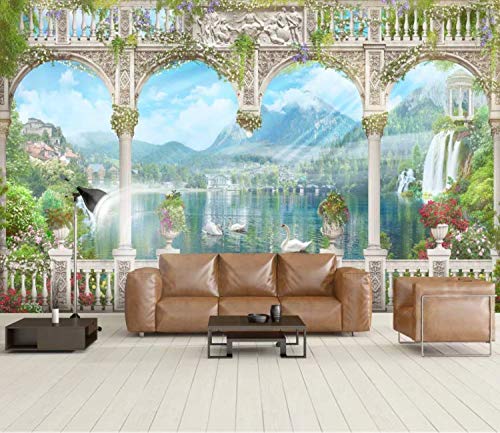 3D Bamboo Lake Waterfall Wallpaper Mural - Self-Adhesive Vinyl Wall Decal (123