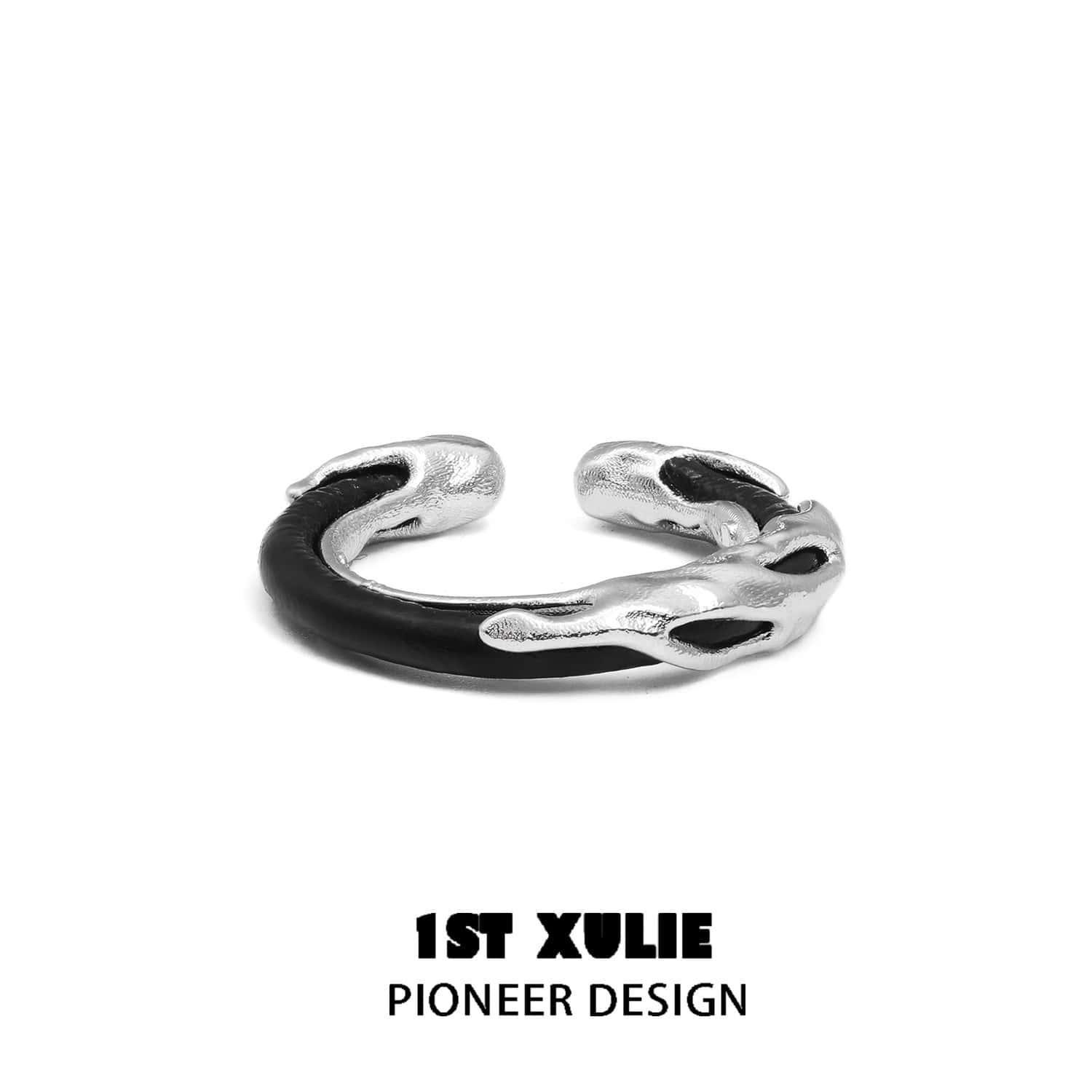 Black Mirror Cowhide Sterling Silver 925 Adjustable Ring for Women & Men - Boho Chic Jewelry for Everyday Wear, Gift Giving & Special Occasions