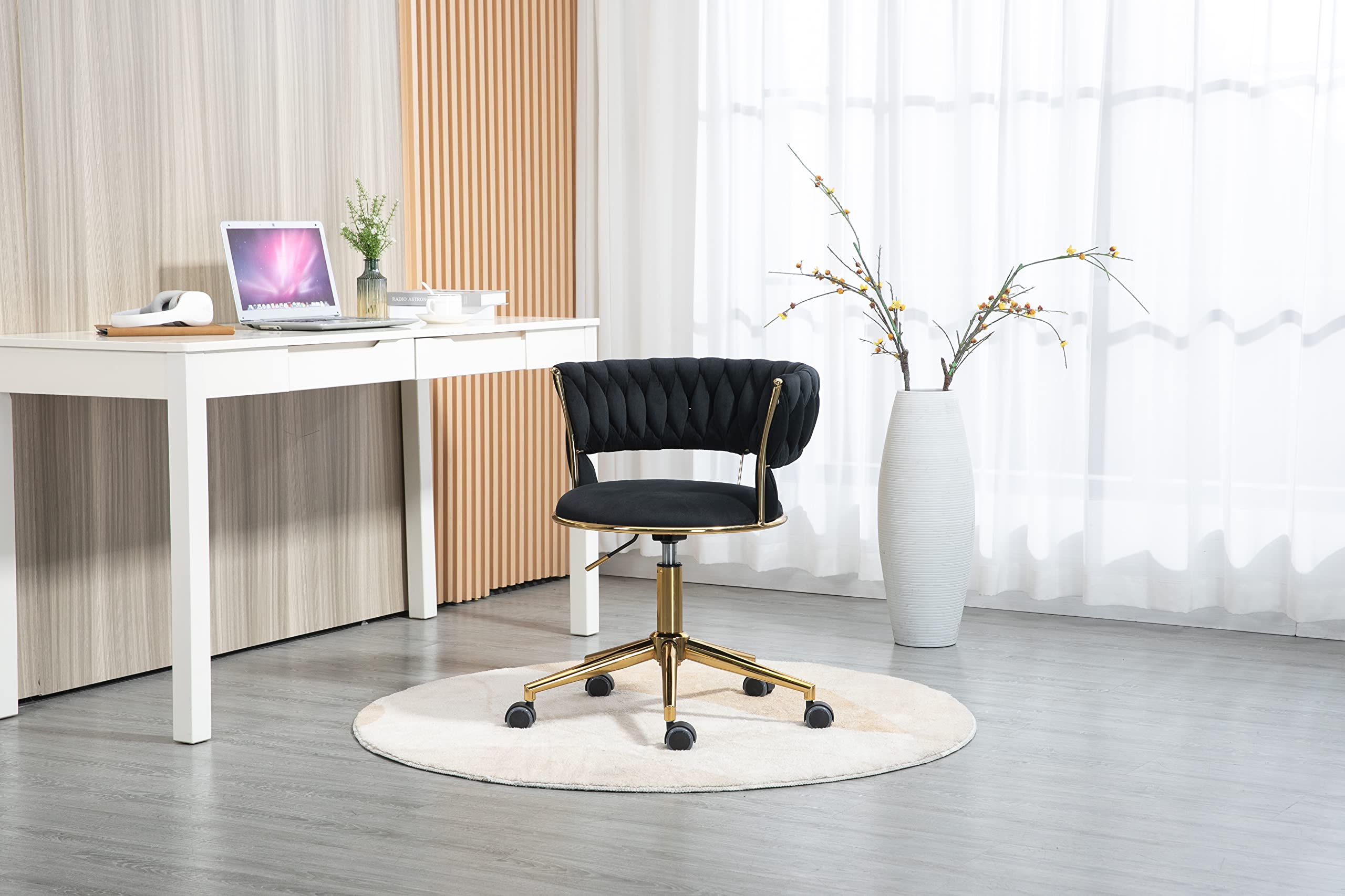 Velvet Office Chair - Ergonomic Swivel Desk Chair with Adjustable Height, Arms & Wheels - Upholstered Computer Task Chair for Home Office, Gaming & Makeup Station - Black Velvet Fabric with Metal Base