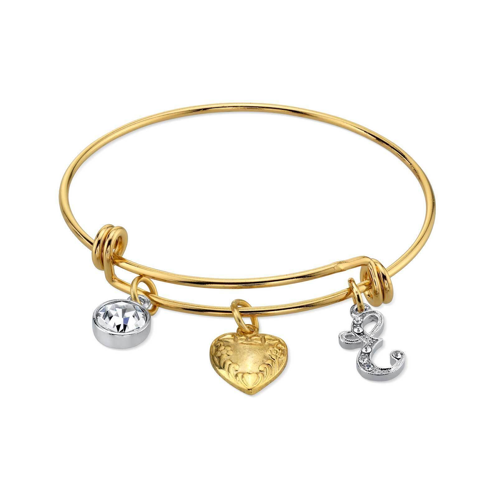 1928 Gold Heart Initial Crystal Charm Bangle Bracelet for Women - Personalized Name Jewelry Gift for Her - Perfect for Valentine's Day, Anniversary & Special Occasions