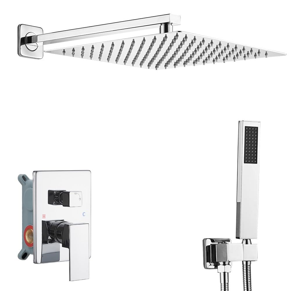 Premium Polished Chrome 12-Inch Luxury Rain Shower System - Wall Mounted High Pressure Rainfall Shower Head with Handheld Combo, Valve & Trim Kit for Modern Bathroom Spa Experience