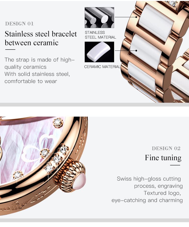 OUPINKE Women's Automatic Diamond Watch - Elegant Skeleton Mechanical Self-Winding Waterproof Luminous Dress Watch for Women | Perfect Gift for Her, Office Wear & Special Occasions