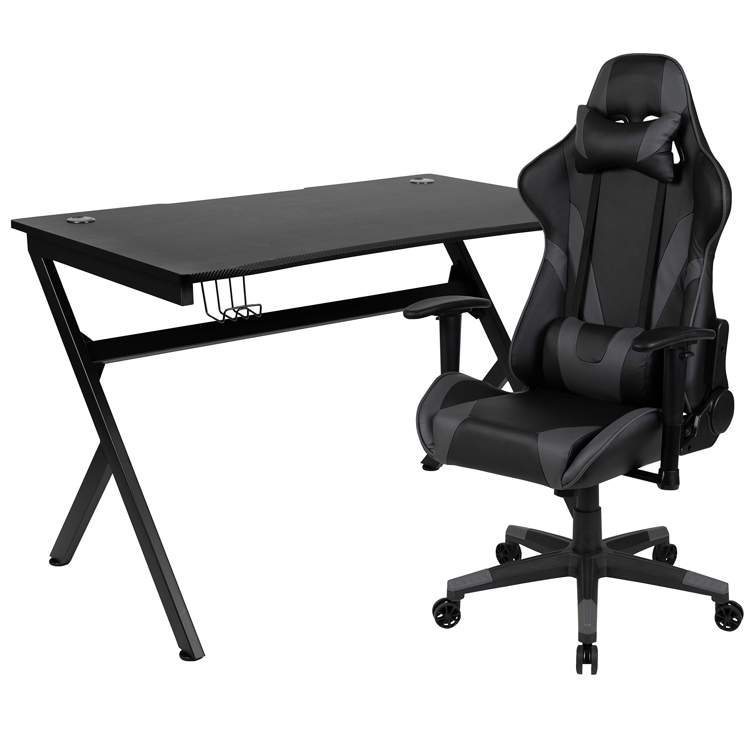 Black Gaming Desk with Gray/Black Reclining Gaming Chair Set - Cup Holder, Headphone Hook & 2 Cable Management Holes - Perfect for PC Gaming Setup, Streaming & Home Office