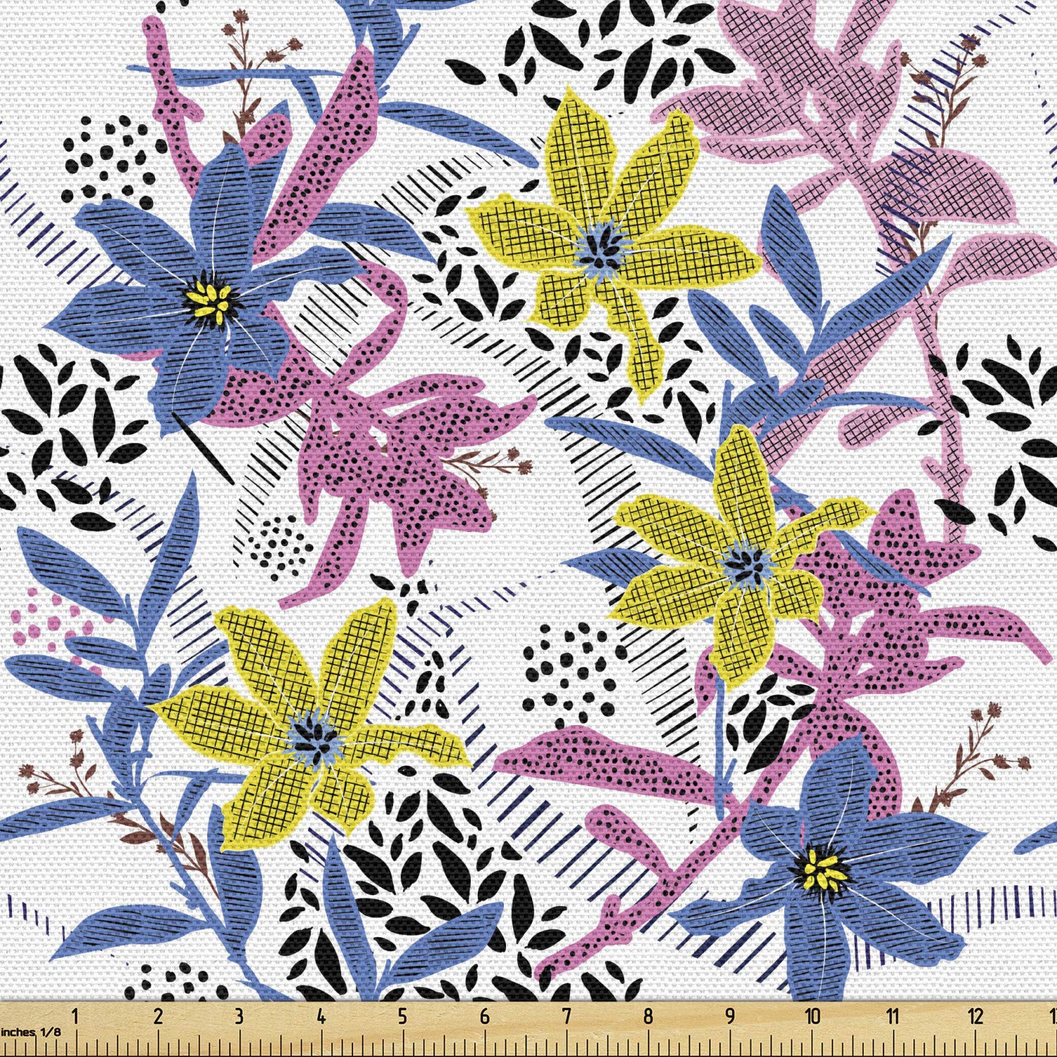Ambesonne Botany Fabric by The Yard - Pastel Daffodils Geometric Print | 10 Yards Violet Blue Yellow Pink | Upholstery & Home Decor Fabric for Sofa, Curtains, Pillows | Spring Gardening & Floral Design Projects