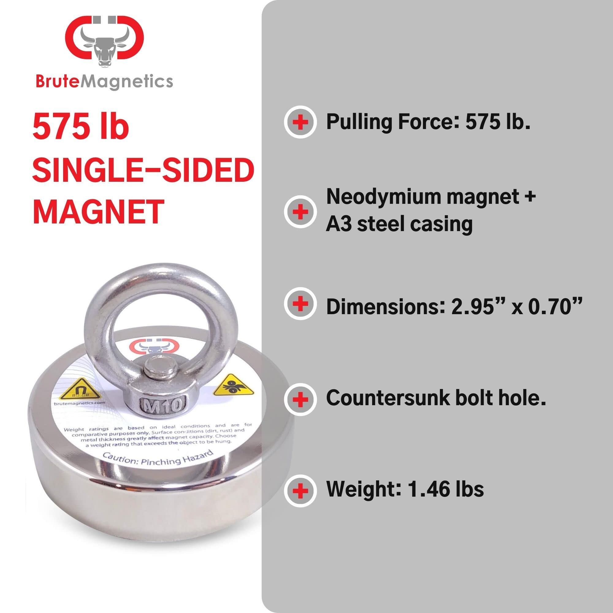 Brute Magnetics 575 lb Magnet Fishing Kit – Heavy Duty Neodymium Magnet with Waterproof Case, 65ft Rope, Carabiner, Gloves & Threadlocker – Perfect for Underwater Treasure Hunting, Metal Detecting & Outdoor Adventures