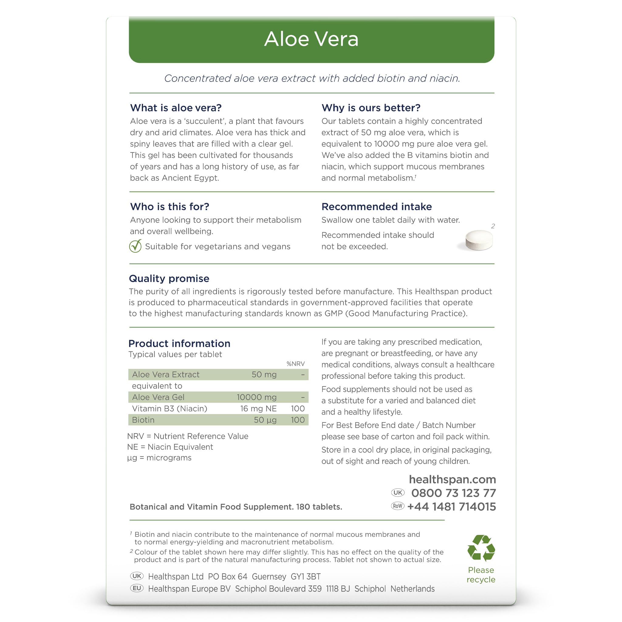 Healthspan Aloe Vera 10,000mg (180 Tablets) - Pure Aloe Vera Gel Supplement with B Vitamins for Metabolism & Immune Support | Vegan, Non-GMO | Perfect for Daily Wellness & Digestive Health