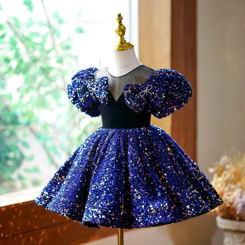 Elegant Dark Blue Sequin Bow Princess Dress for Baby Girls | Toddler Formal Party Gown | Perfect for Birthday, Pageant, Photoshoot & Special Occasions