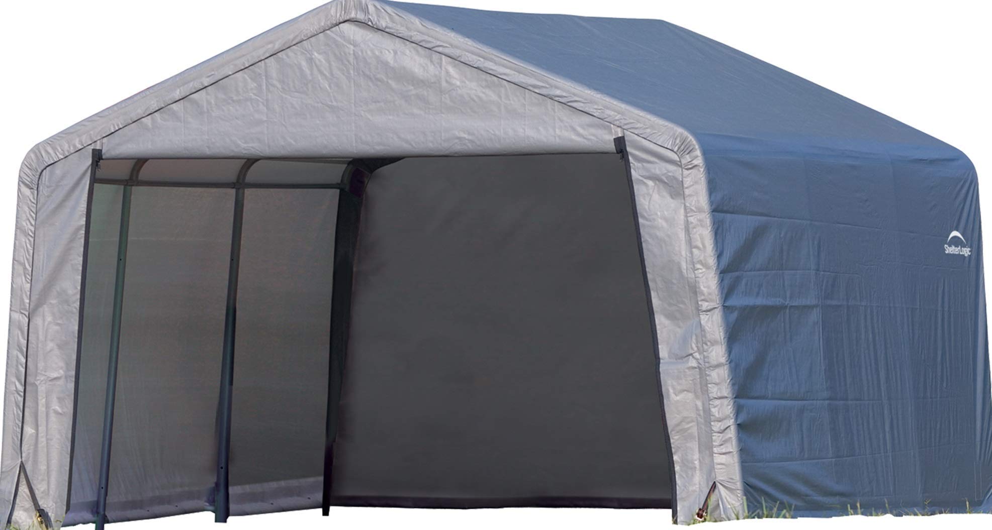 ShelterLogic 12' x 12' All-Season Steel Outdoor Storage Shed with Waterproof Cover & Heavy-Duty Anchors - Weatherproof Metal Shed for Garden Tools, Pool Equipment & Backyard Storage (Peak Roof Design)
