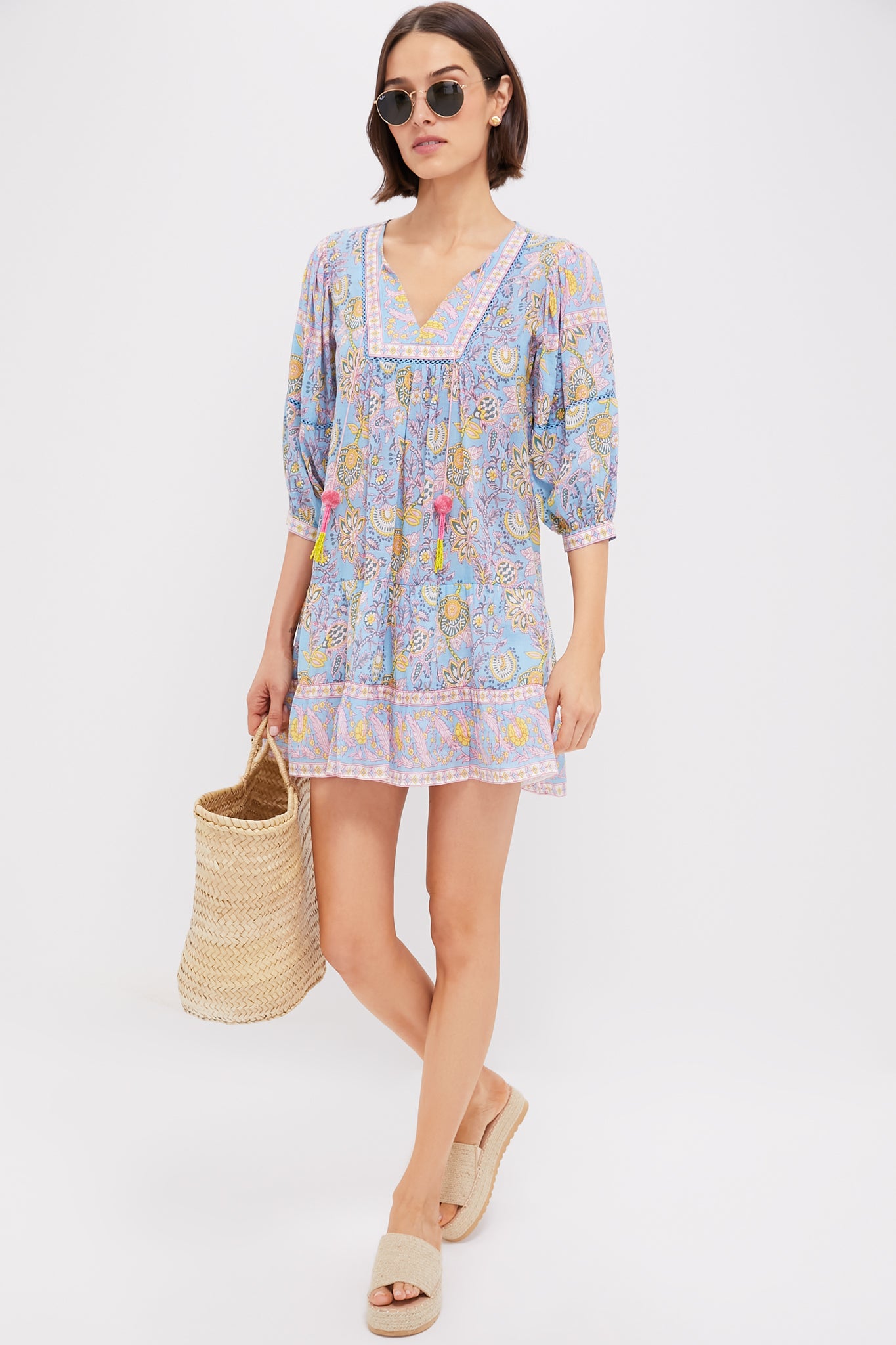Blue and Yellow Printed Zoe Mini Dress - Floral Summer Party Dress for Women | Perfect for Beach Vacations, Date Nights & Casual Outings