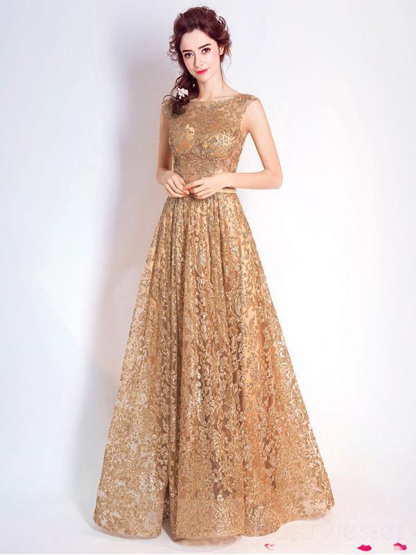 Elegant Gold Sequin Lace Long Evening Prom Dress - See-Through Design for Sweet 16 & Formal Events | Custom Sizing Available | Perfect for Prom, Homecoming, Quinceañera & Special Occasions