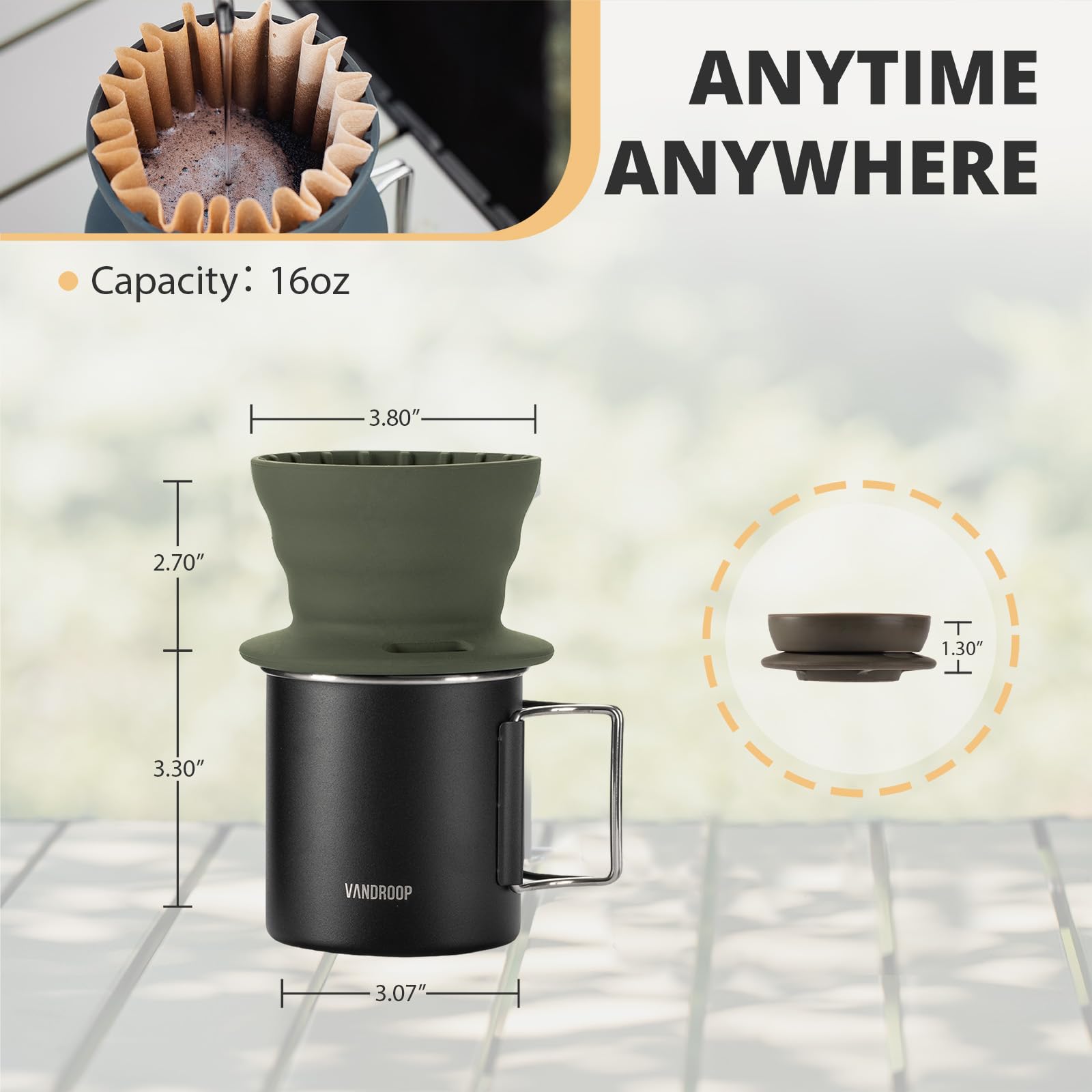Portable Collapsible Silicone Pour Over Coffee Maker Set - Reusable Single Cup Dripper with 10 Paper Filters (1-2 Cup, Green) - Perfect for Camping, Travel & Home Brewing