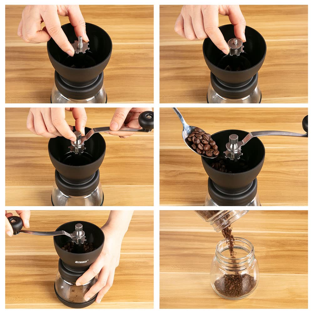 Premium Manual Coffee Grinder - Adjustable Ceramic Burr Mill for Espresso, French Press & Cold Brew - Portable Hand Crank Coffee Bean Grinder with 2 Glass Jars (11oz Each) & Cleaning Brush - Perfect for Home, Office, Camping & Travel Use