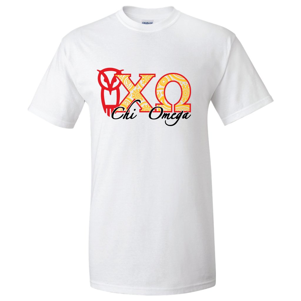 Chi Omega Owl & Greek Letters T-Shirt | VictoryStore Apparel | Sorority Gifts, Greek Life Clothing, College Spirit Wear for Sisters & Alumni