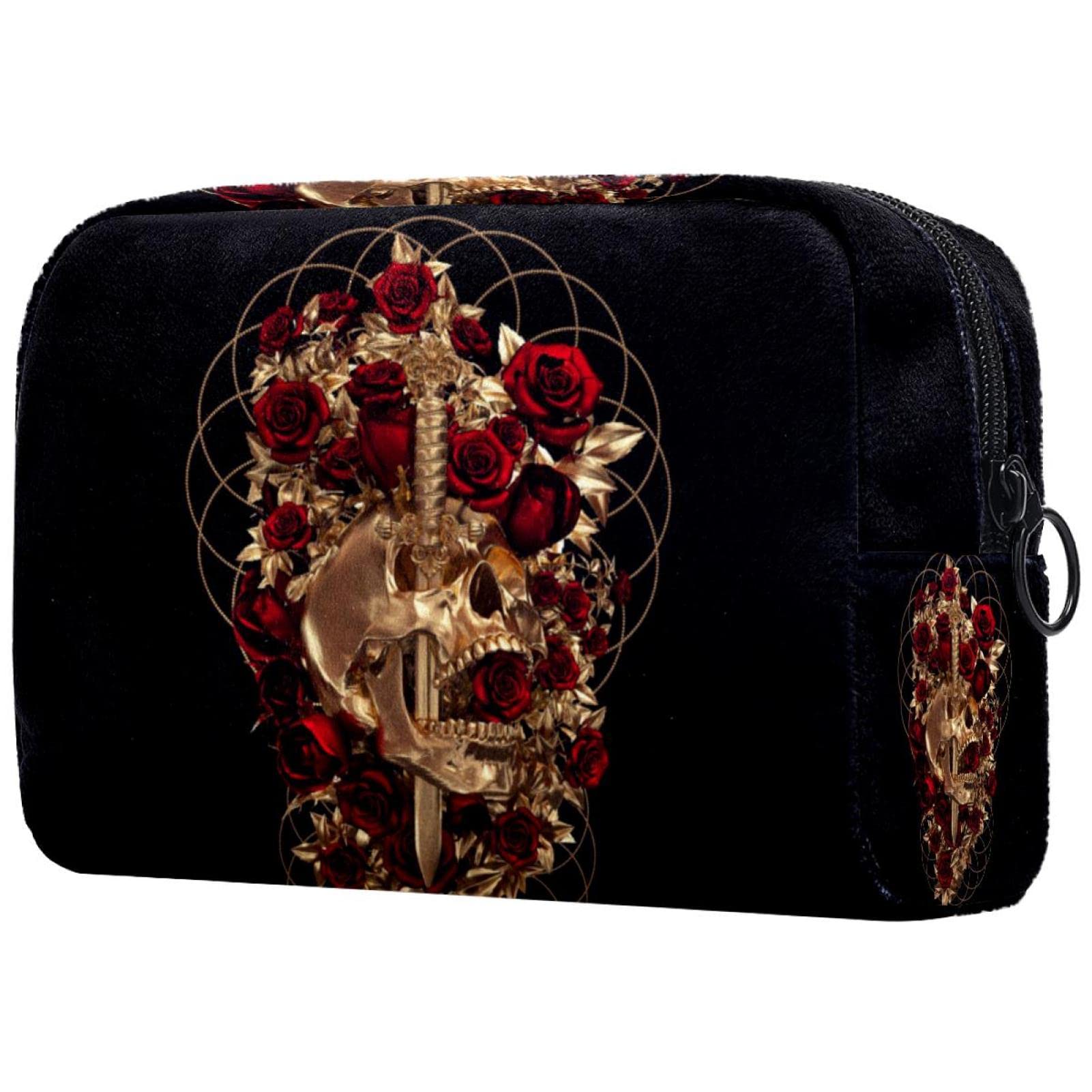 Golden Skull Travel Cosmetic Bag for Women - Waterproof Makeup Pouch with Black Zipper - Perfect for Travel, Gym & Daily Organizer (Gift for Girls & Women)