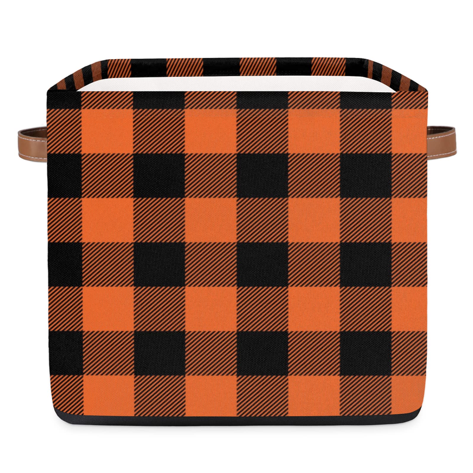 AUUXVA 13x13 Inch Large Collapsible Storage Cube Bin - Orange Black Plaid Check Fabric Basket with Handles for Home Organization | Perfect for Closet Shelves, Nursery Toys, Bedroom & Living Room Storage