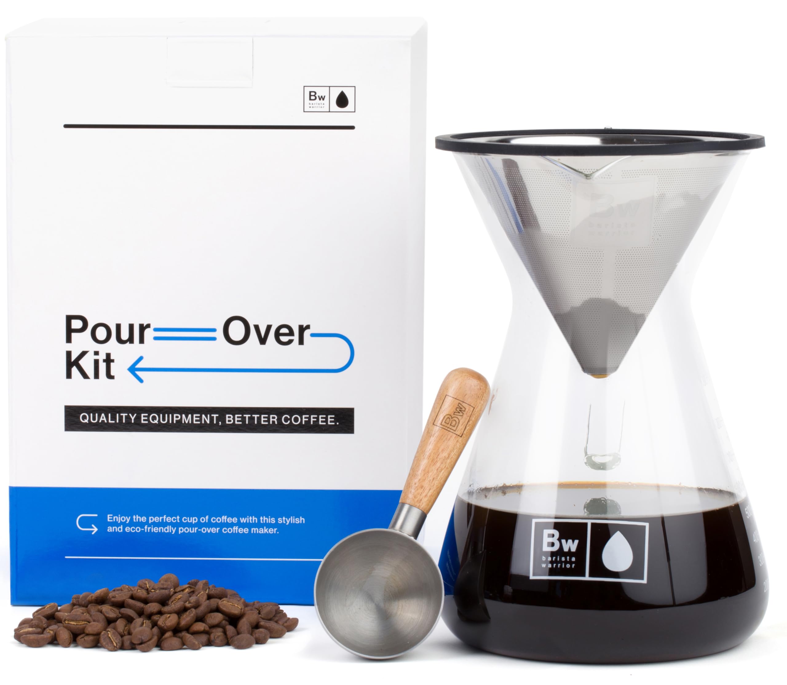 Barista Warrior Pour Over Coffee Maker Set - 34oz Glass Carafe with Reusable Stainless Steel Filter & Scoop - 8 Cup Drip Brewer for Home, Office & Camping (1000ml) - Perfect for Specialty Coffee Lovers & Gift Giving