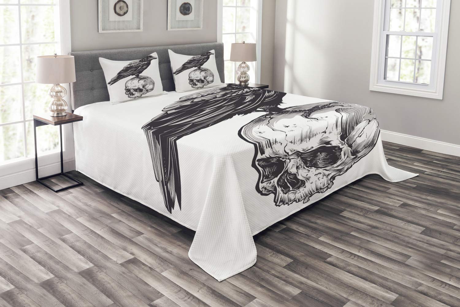 Ambesonne Scary Horror Movie Bedspread Set - Crow on Human Skull Sketch Design, 3-Piece King Size Bedding Set with Coverlet & 2 Pillow Shams, Charcoal Grey & White - Perfect for Halloween Decor, Horror Themed Bedrooms & Gothic Home Decor