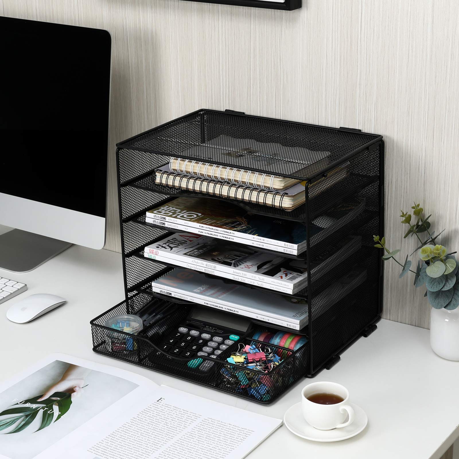 5-Tier Mesh Desk Organizer with Drawer - Black File Sorter & Paper Storage Tray for Home, Office, Classroom Organization | Perfect for Documents, Stationery, and Office Supplies