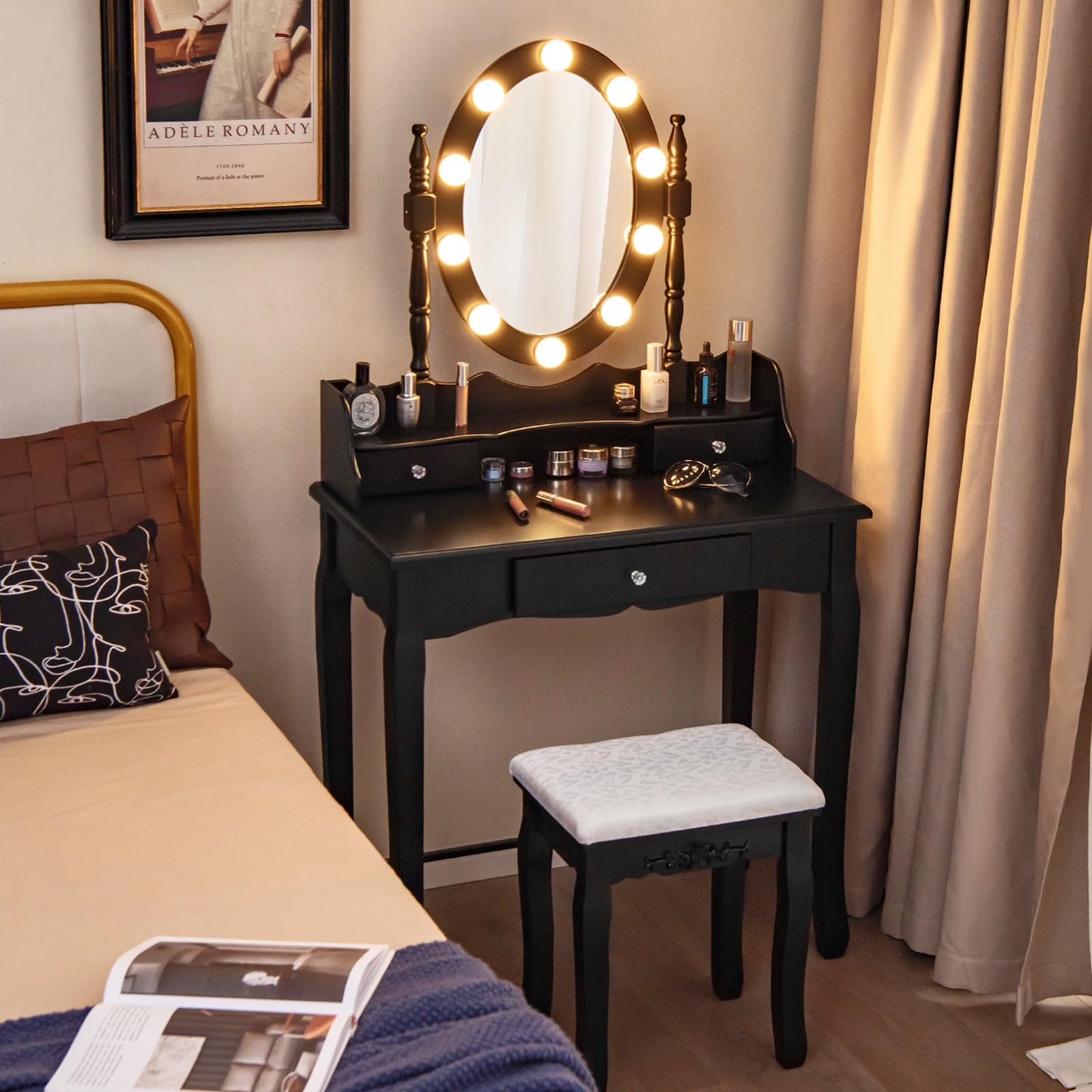 Charmaid Girls Makeup Vanity Desk with LED Lights - Adjustable Brightness & 3 Lighting Modes - Modern Vanity Table with Lighted Mirror, 3 Drawers & Stool - Perfect for Small Spaces & Bedroom Decor (Black)