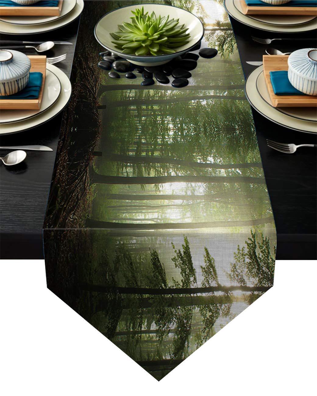 Linen Burlap Table Runner - Green Forest 16x72 Inch for Kitchen, Wedding & Party Decor