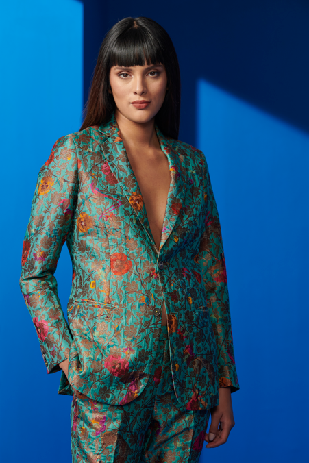 Elegant Rana Blazer in Silk Brocade Aqua Blue - Perfect for Weddings, Parties & Formal Events