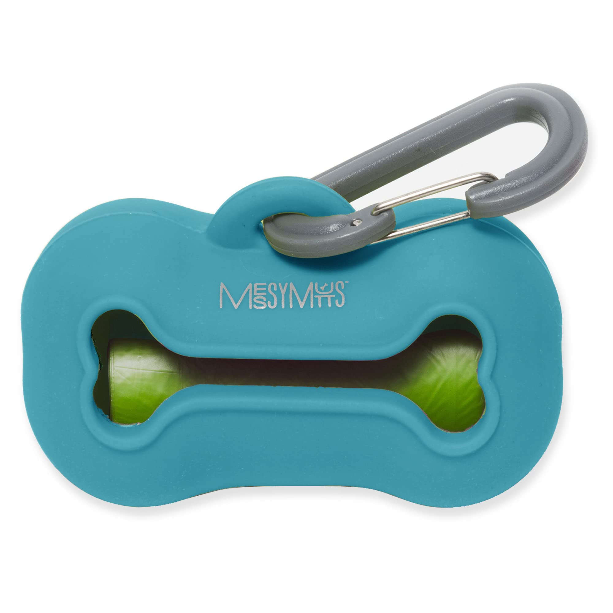 Messy Mutts Silicone Dog Waste Bag Holder with Carabiner Clip | Leak-Proof Poop Bag Dispenser for Dogs | Includes 15 Unscented Waste Bags (Blue) | Perfect for Walking, Hiking & Travel with Your Pet