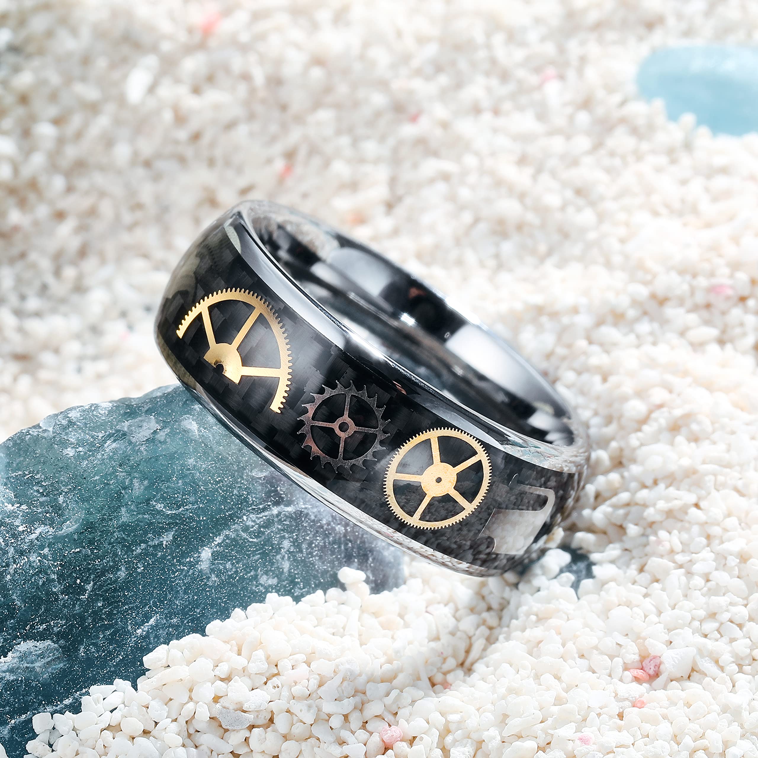 Premium Tungsten Carbide Men's Wedding Band Ring - Gold Gear Design with Meteorite Inlay & Color Stones | Punk Mechanical Style for Engagement & Anniversary | Durable Polish Finish in Blue Black/Silver | Perfect for Everyday Wear, Special Occasions & Gift Giving