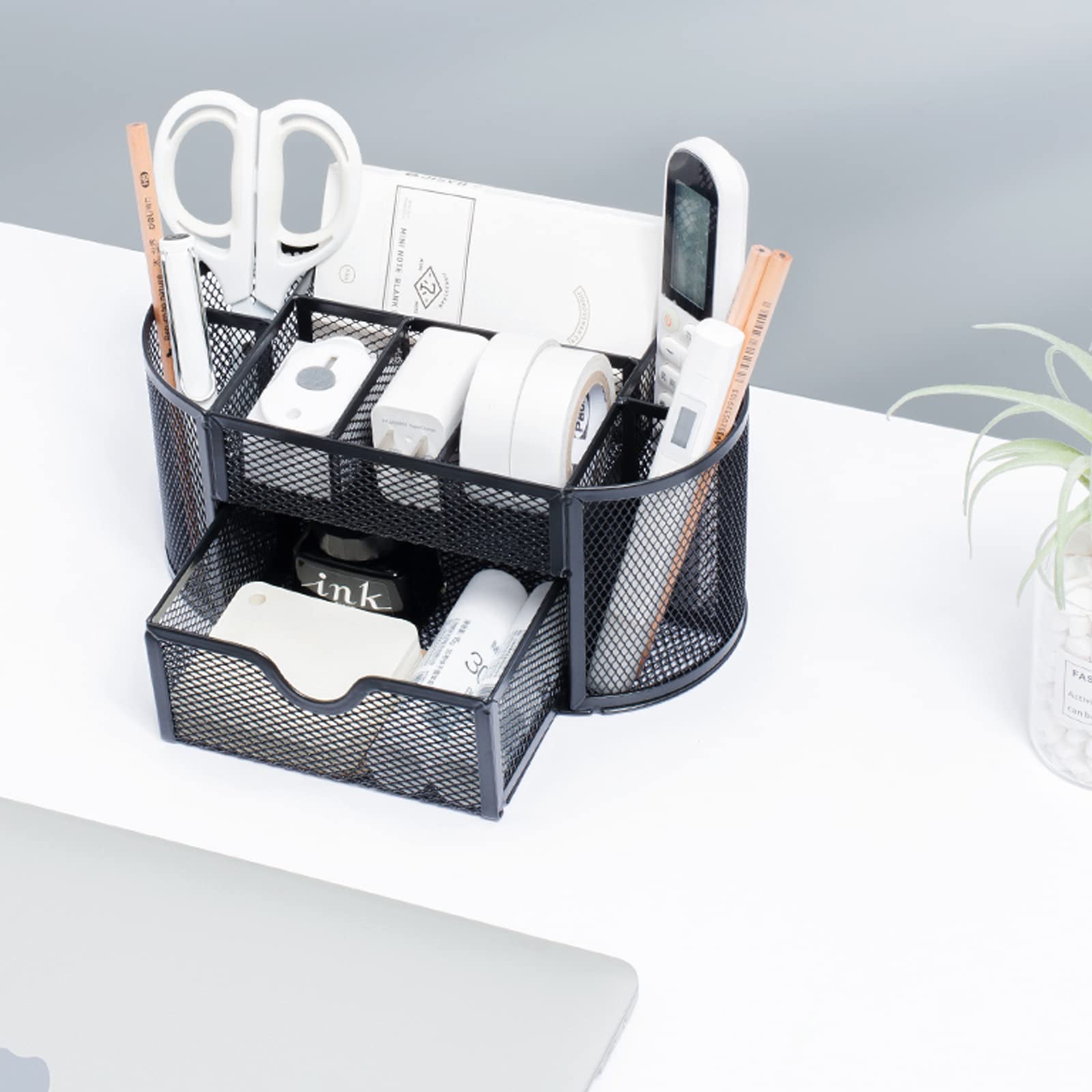 Mesh Pen Holder with 8 Compartments & Drawer - Desk Organizer for Pencils, Pens & Office Supplies - Perfect for Home & Office Workspace Organization