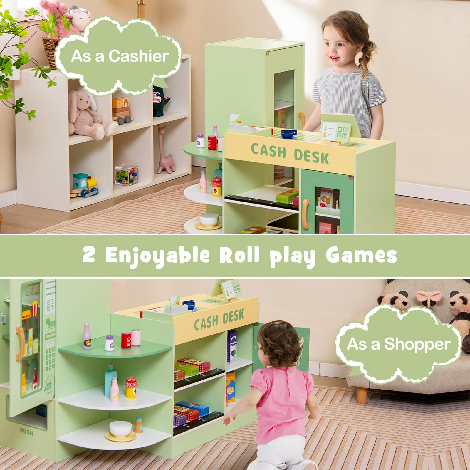 GLACER Wooden Pretend Play Grocery Store Set for Kids Ages 3-8 - 15-Piece Playset with Cash Register, POS System, Vending Machine & Chalkboard - Educational Toy for Boys & Girls - Perfect for Role Play, Preschool Learning & Birthday Gifts