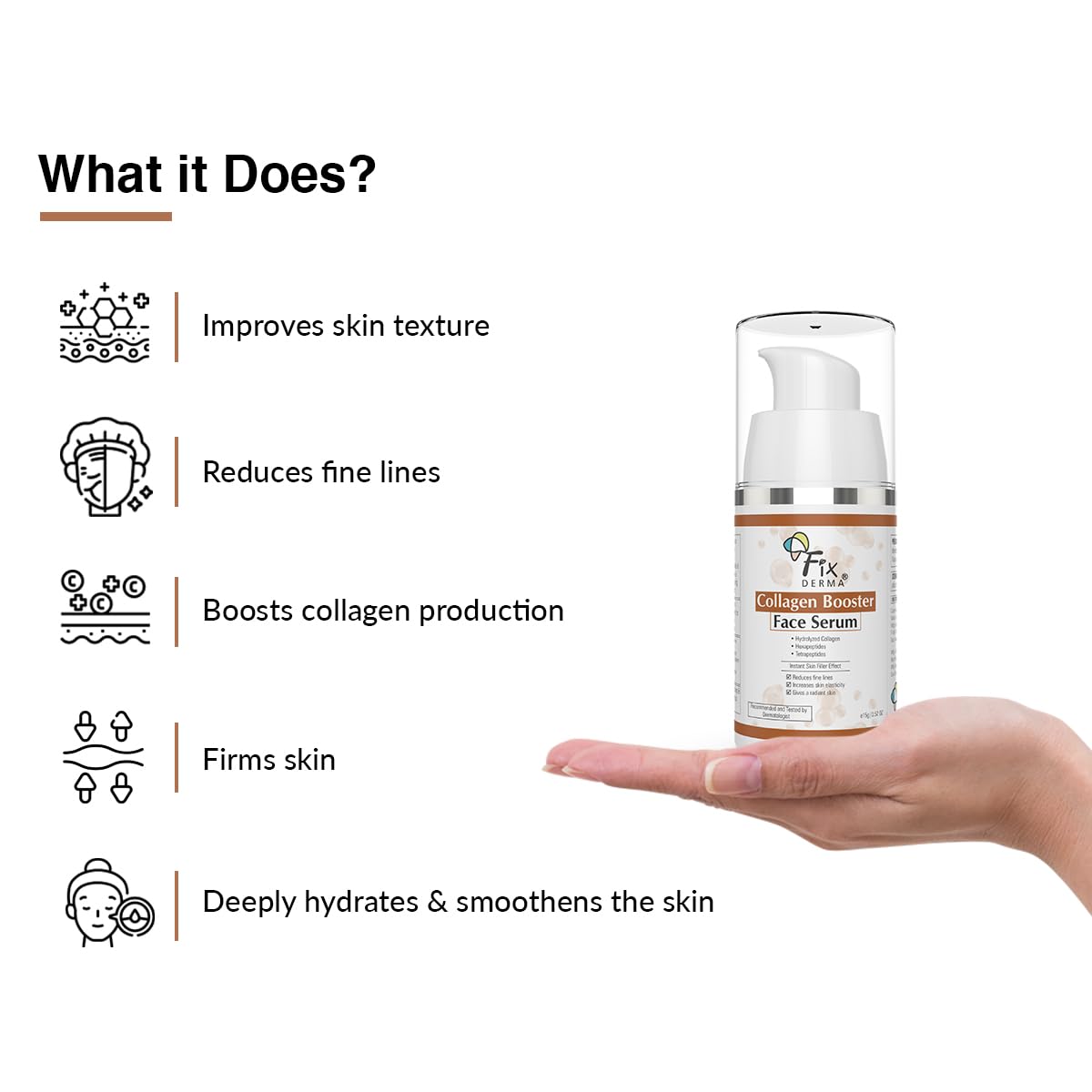 Fixderma Hydrolyzed Collagen Booster Face Serum - Anti-Aging Collagen Serum for Fine Lines & Wrinkles, Men & Women, All Skin Types (15g) | Hydrating & Firming Facial Treatment for Day & Night Skincare Routine