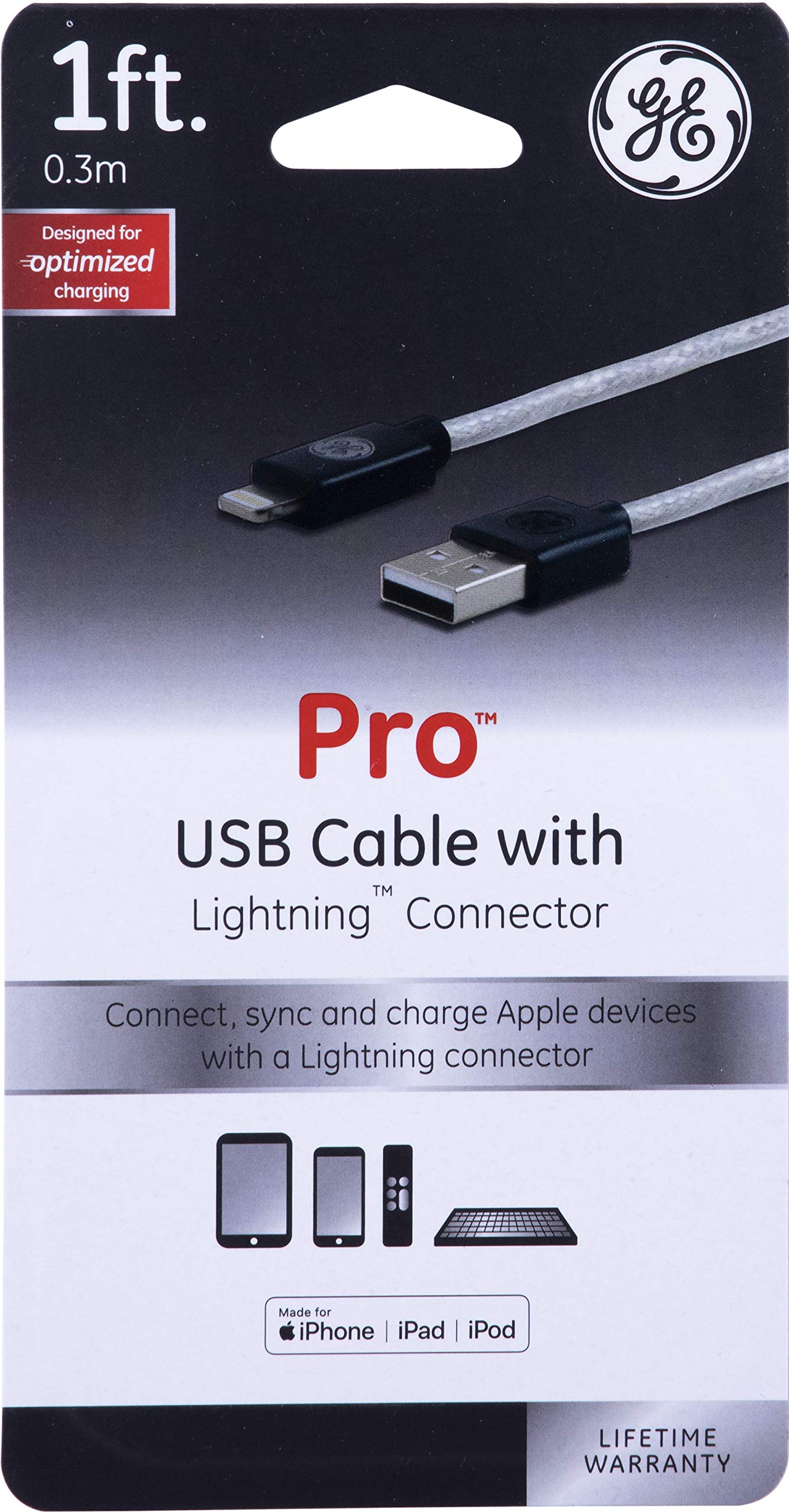 GE Pro 1ft Lightning to USB Charging Cable - MFi Certified for iPhone 12/11/Pro/Max/XS/XR/X/8, iPad, iPad Mini, iPad Air (Model 38292) - Fast Charging & Data Sync for Home, Office & Travel