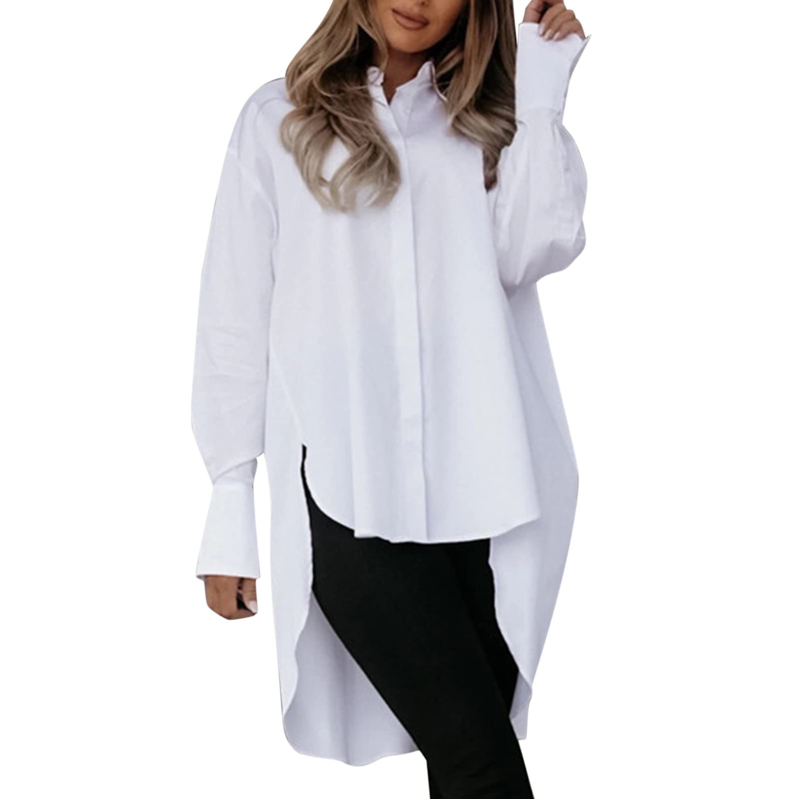 Women's Long Button Up Shirt Dress - Loose Fit V Neck Lapel Tunic Blouse with Irregular Hem | Casual & Formal Wear for Work, Date Night & Special Occasions