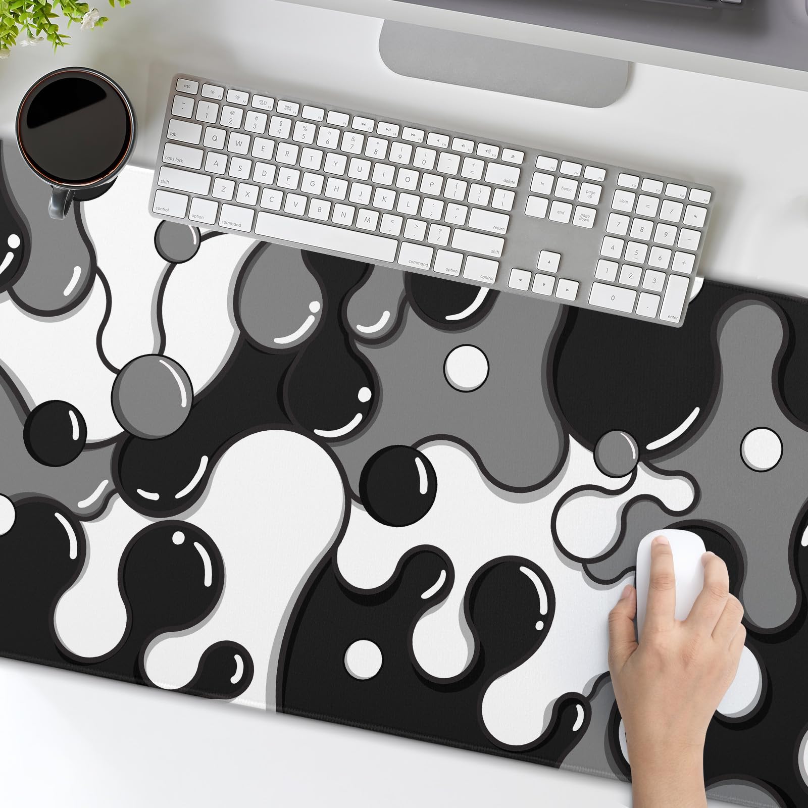 Black White Grey Anime Geometric Japanese Extended Desk Mat - XL Non-Slip Rubber Base Mouse Pad 80x30cm (31.5×11.8 Inch) with Stitched Edge for Gaming, Office & Home Use - Perfect for PC, Laptop & Desktop Workspace