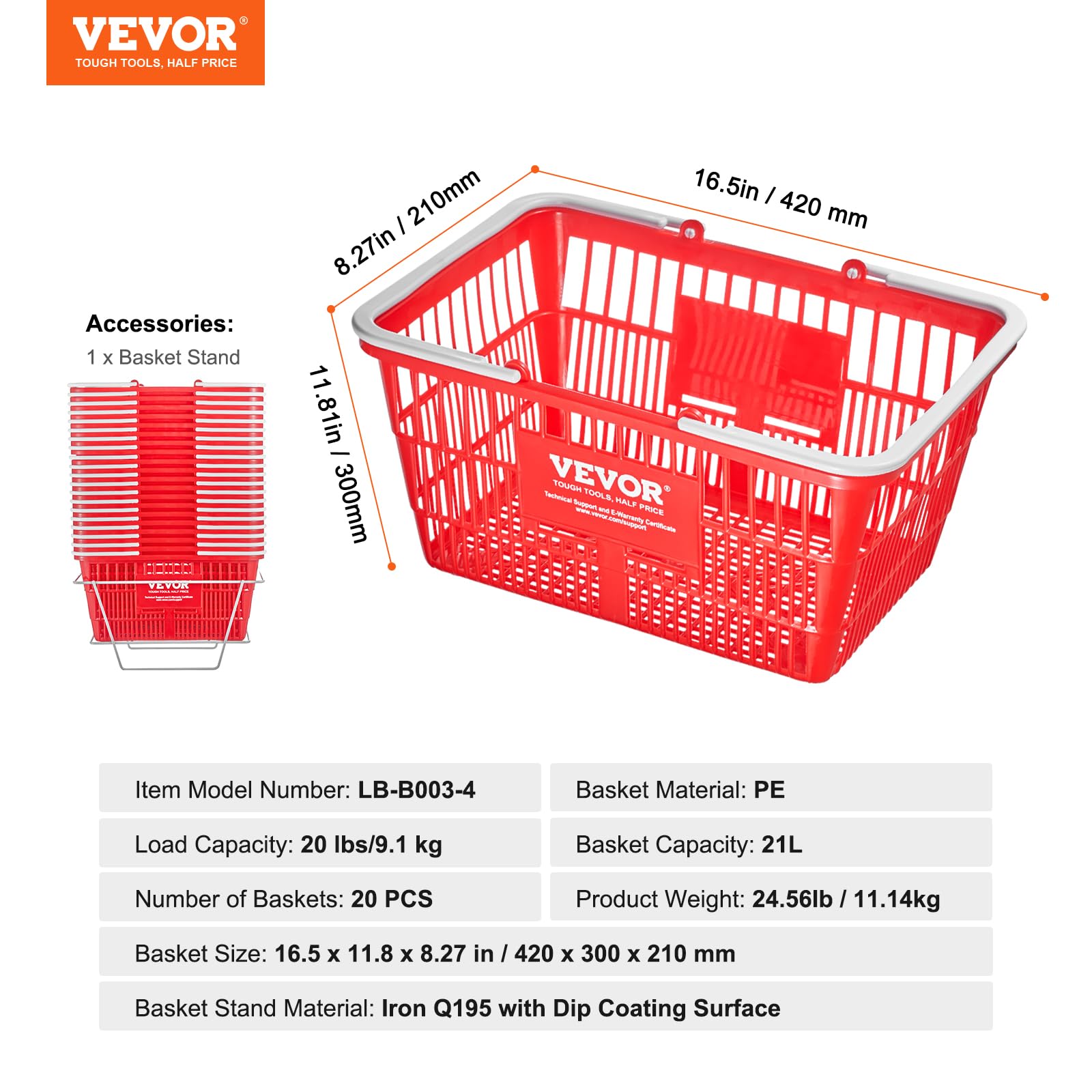 VEVOR 20-Pack Plastic Shopping Baskets with Handles - 21L Durable Grocery Baskets (16.5