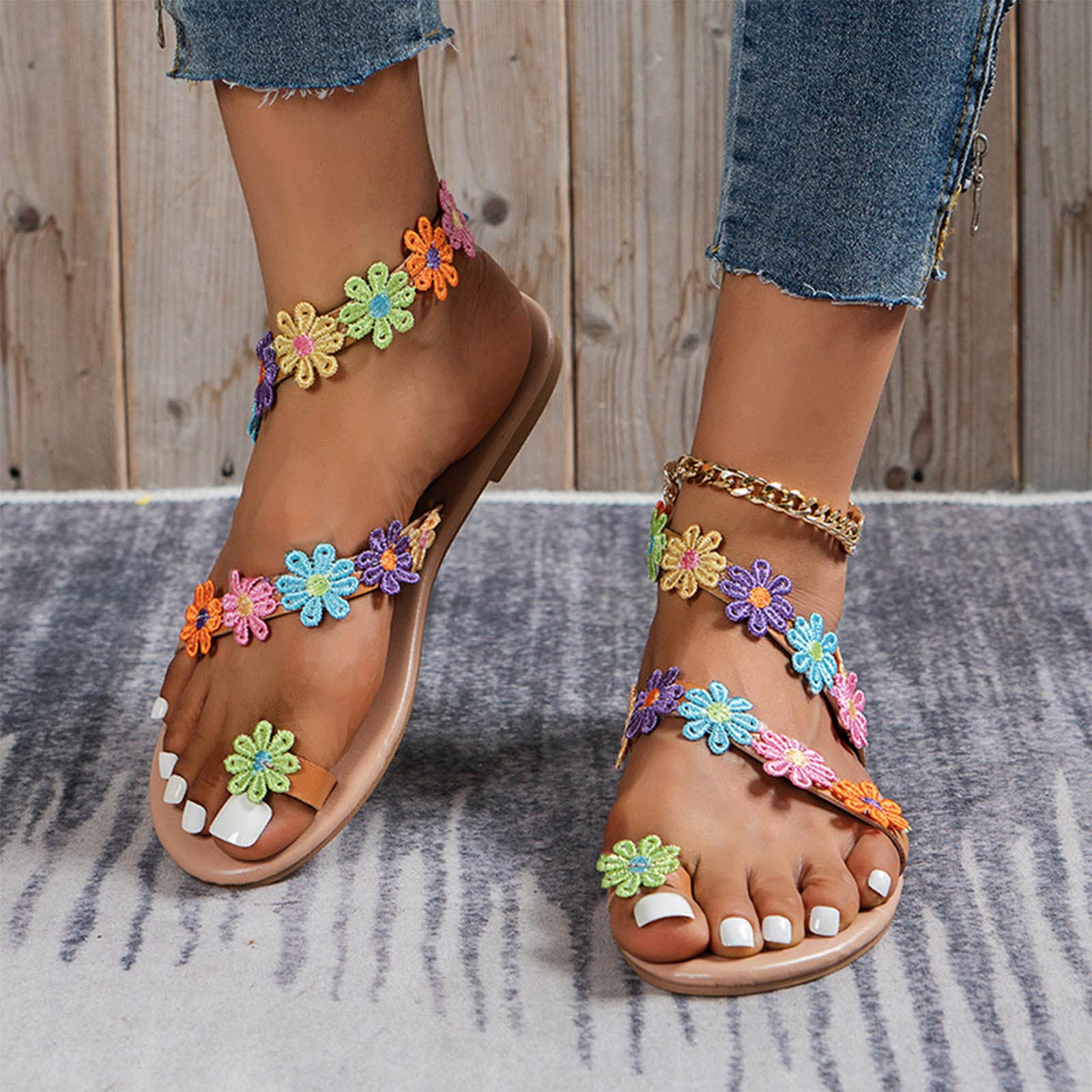Stylish Women's Flat Sandals - Breathable Summer Dressy & Casual Shoes with Floral Lace Straps & Toe Ring | Lightweight Comfortable Slip-On Slippers for Beach, Vacation, and Everyday Wear