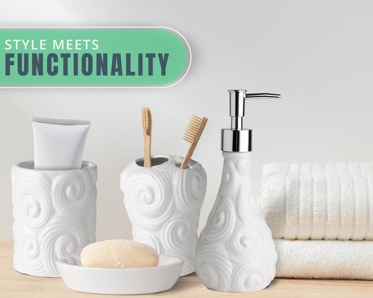 Comfify Designer 4-Piece Bathroom Accessories Set - Porcelain Soap Dispenser, Toothbrush Holder, Tumbler & Soap Dish - Glossy White Finish with Ocean Wave Design - 15.6oz Capacity - Perfect for Modern Bathrooms, Guest Suites & Spa-Style Decor