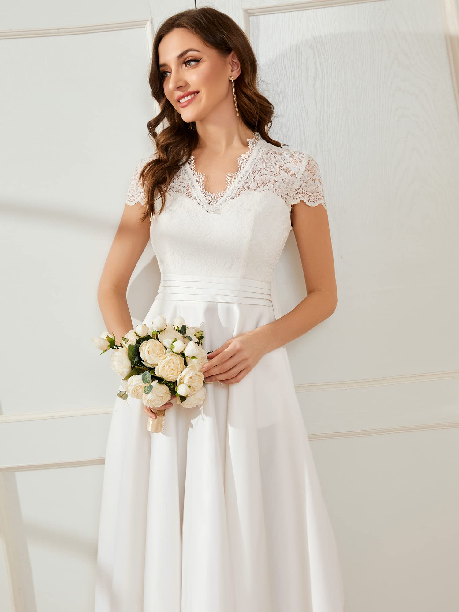 Ever-Pretty Women's Elegant A-Line Lace V-Neck Cocktail Dress for Wedding, Party & Special Occasions - Sheer Pleated Design Perfect for Bridal Shower, Evening Gala & Formal Events