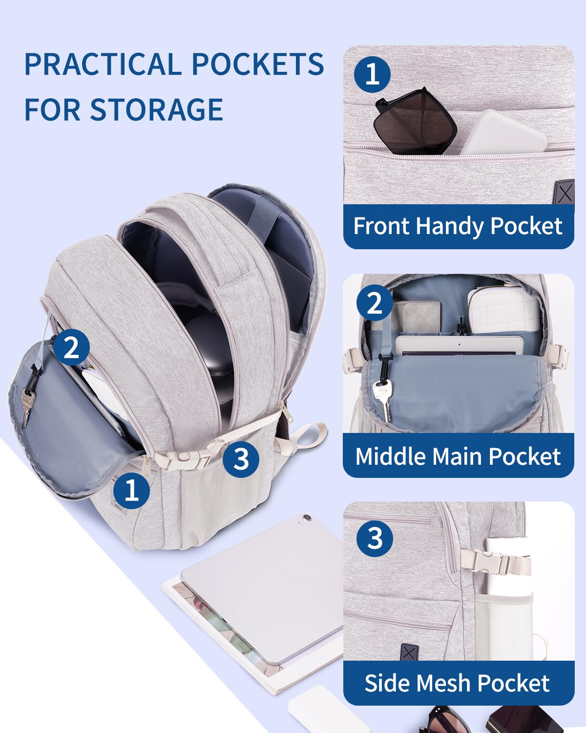 WANDF 15.6 Inch Travel Laptop Backpack with USB Charging Port - Water Resistant Airline Approved Business Backpack for Women & Men - Perfect for Work, School, Commuting & Business Trips (Beige)