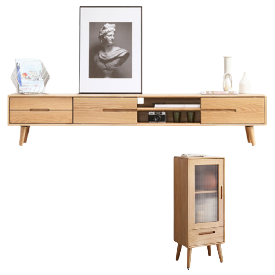 Solid Oak Wood TV Stand with Sliding Doors - Rustic Modern Entertainment Center for Living Room, Bedroom & Home Theater